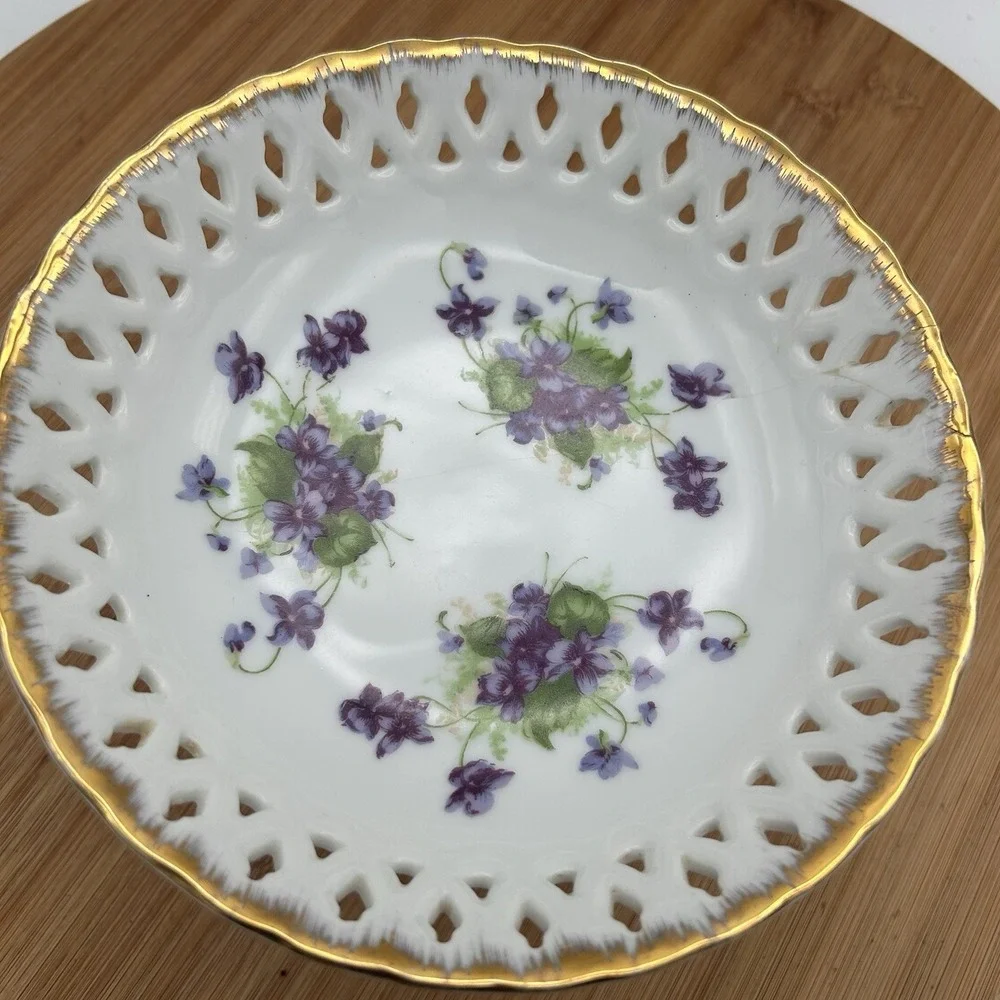Lefton China Compote Lace/Reticulated w/Violet Bouquets Gold Trim Edge 7 1/2